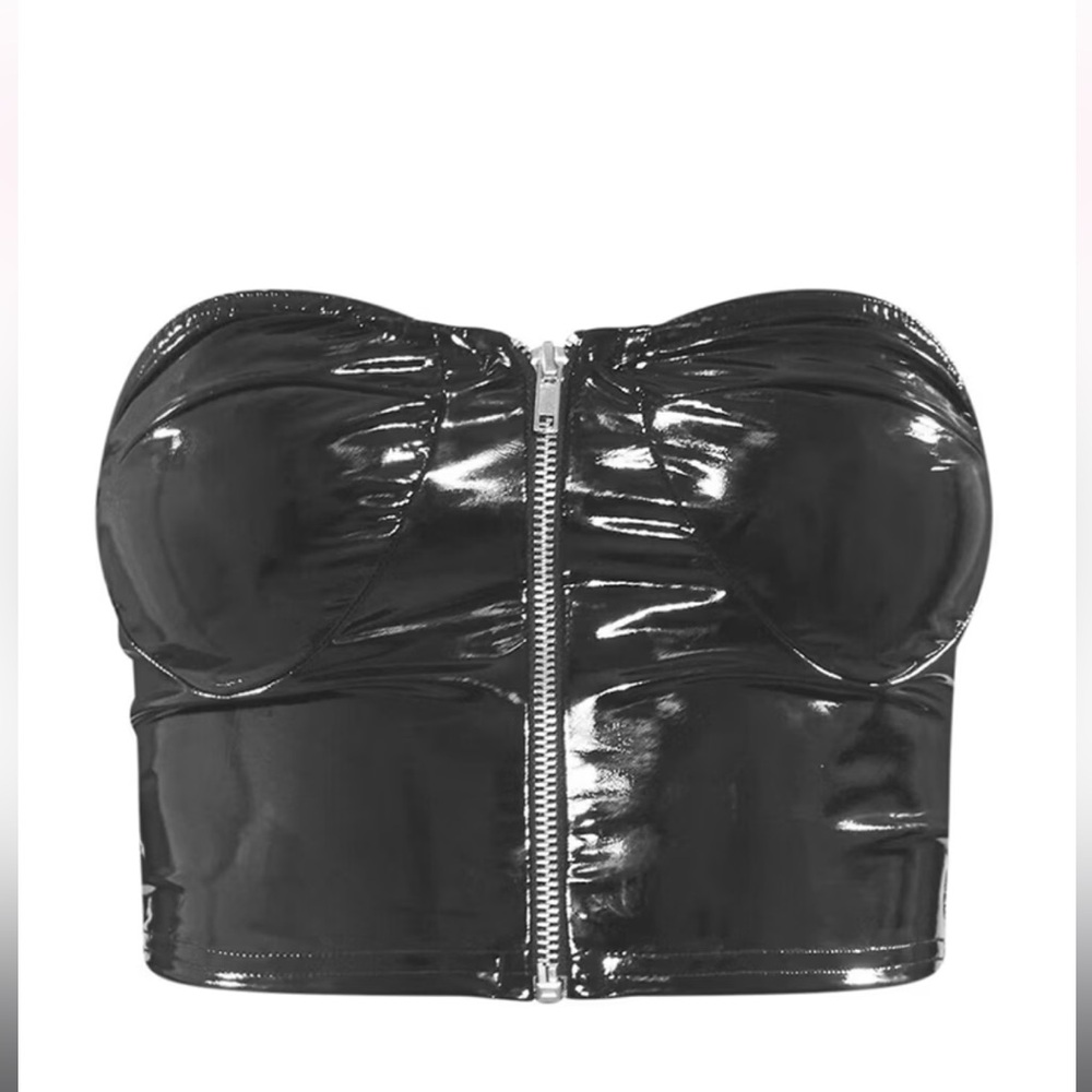Black Vinyl Zip Through Bandeau Top